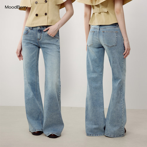 MoodBerry 美式复古浅色低腰微喇牛仔裤女夏季修身显瘦百搭长裤