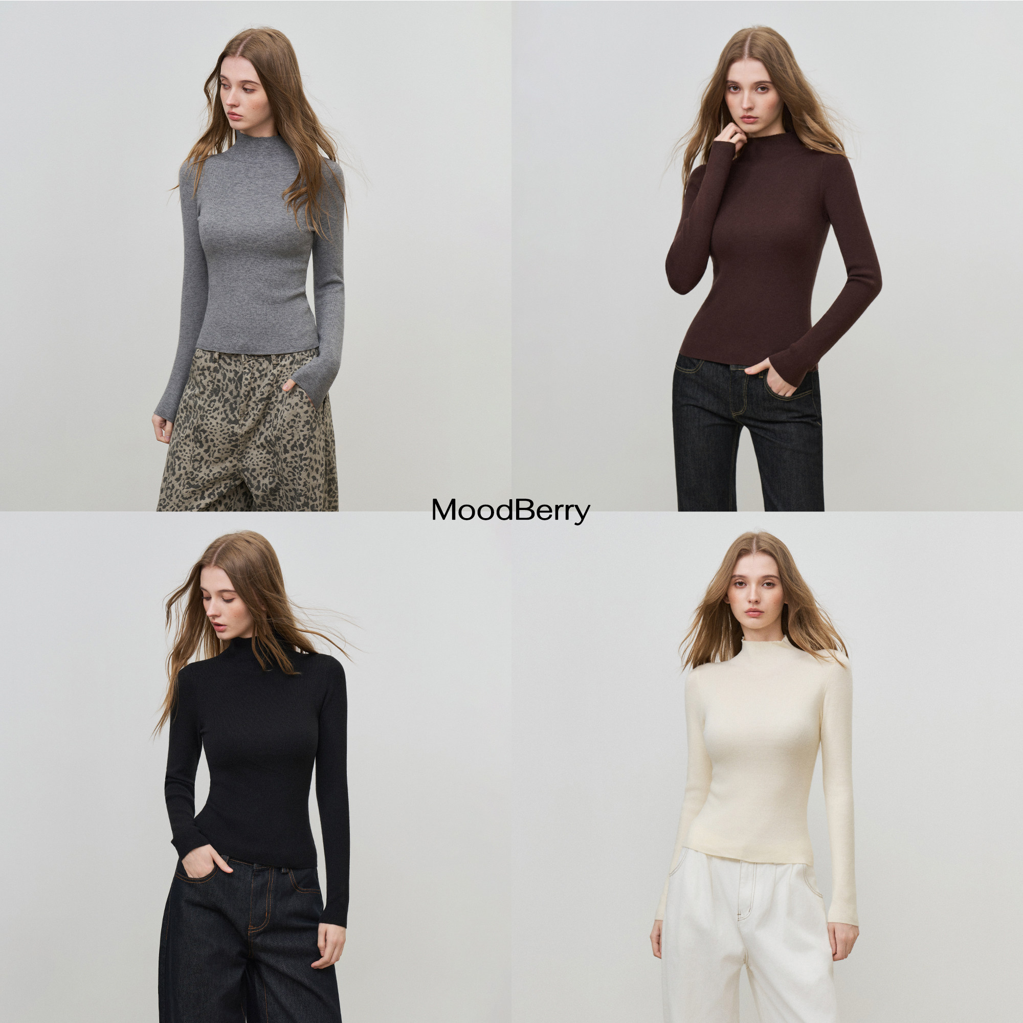 MoodBerry 美式复古纯色半高领打底针织衫女秋冬修身百搭长袖上衣
