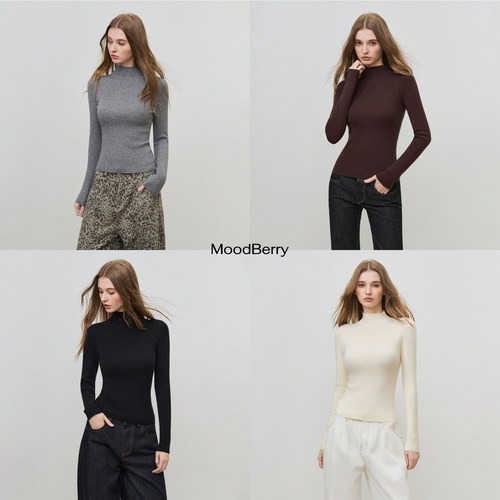 MoodBerry 美式复古纯色半高领打底针织衫女秋冬修身百搭长袖上衣