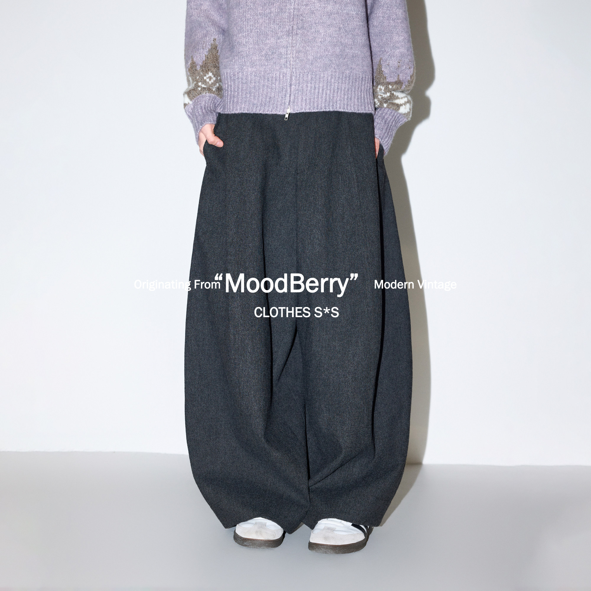 MoodBerry 美式复古羊毛混纺高腰阔裤气球裤女春季休闲感拖地长裤