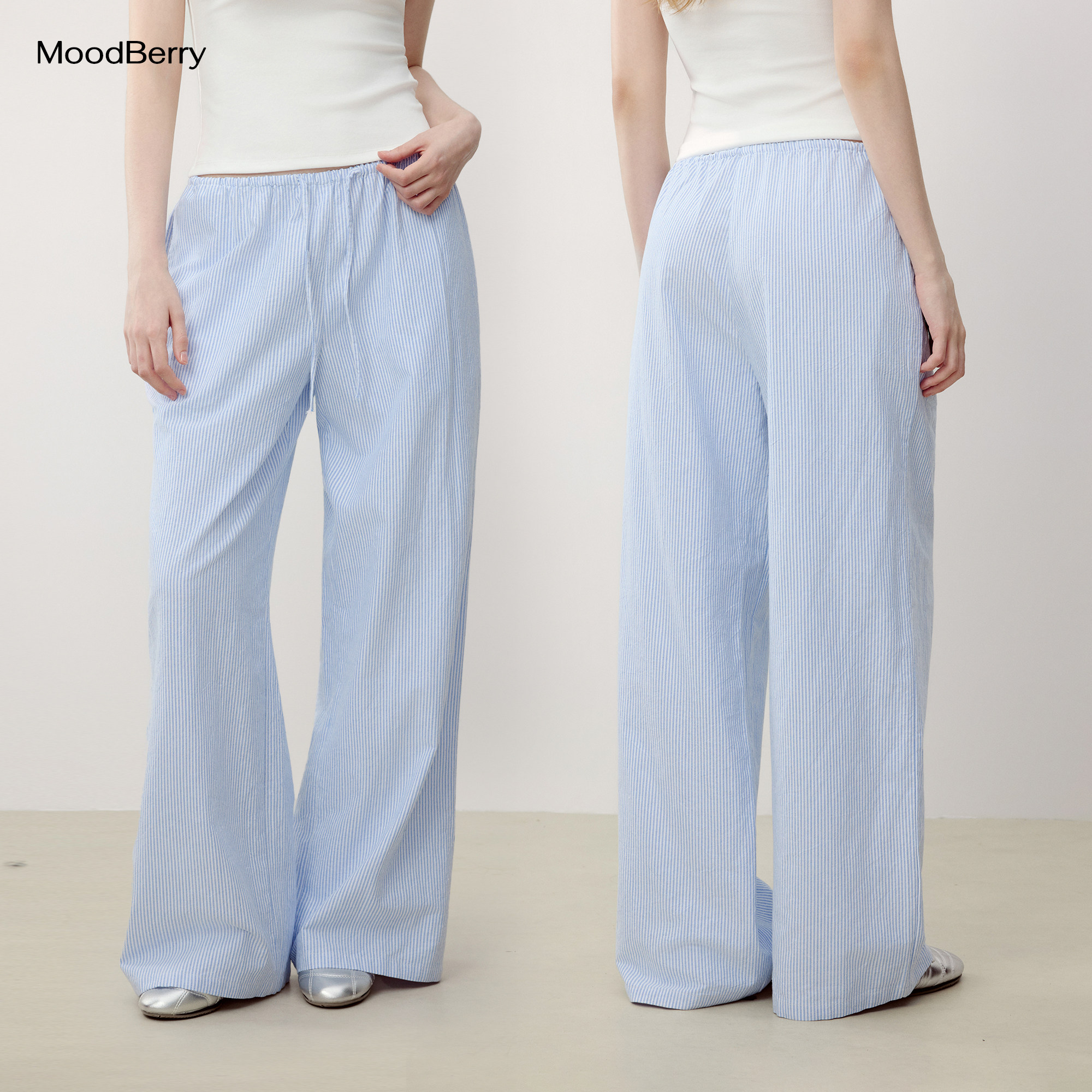 MoodBerry 美式复古慵懒风撞色条纹休闲裤女夏季宽松百搭抽绳长裤图片