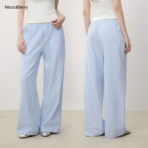 MoodBerry 美式复古慵懒风撞色条纹休闲裤女夏季宽松百搭抽绳长裤