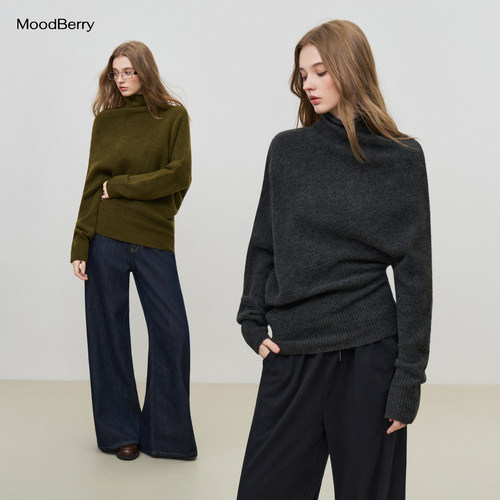 MoodBerry 美式复古高级感不规则半高领针织毛衣秋冬纯色百搭上衣