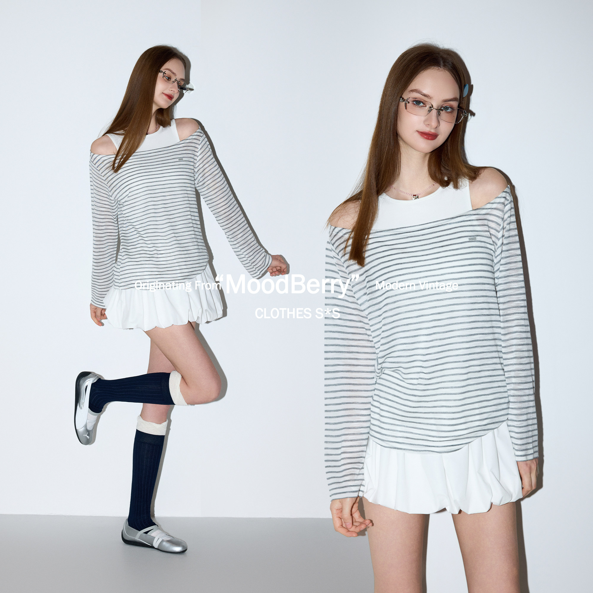 MoodBerry 美式复古灰白条纹露肩罩衫套装女夏季纯色圆领背心上衣