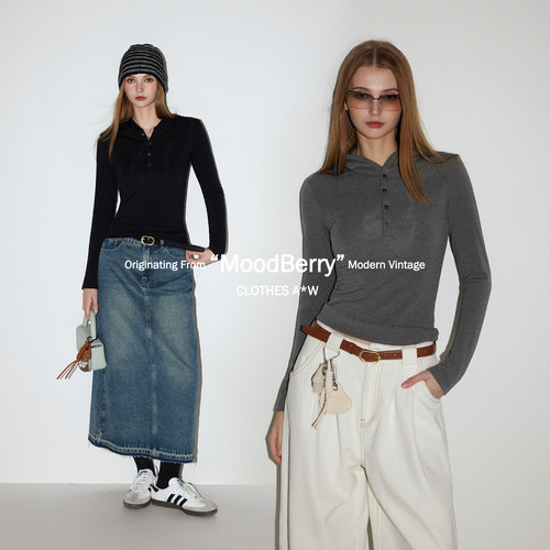 MoodBerry 美式复古亨利领修身短款长袖女秋冬百搭休闲感显瘦上衣