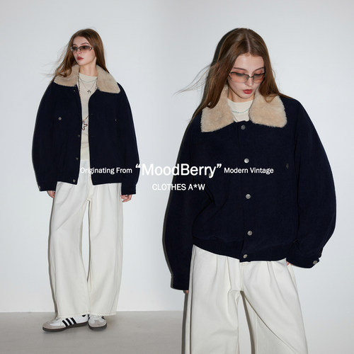 MoodBerry 美式复古灯芯绒毛领外套女冬保暖翻领廓形工装夹克棉服