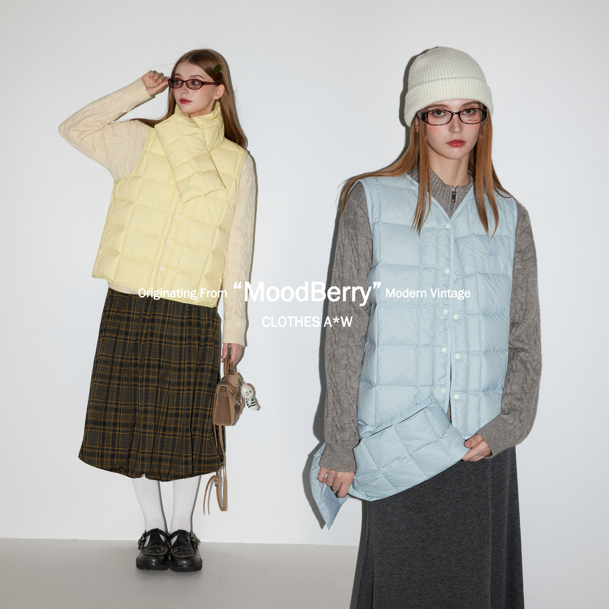 MoodBerry 90白鸭绒格纹马甲羽绒服女冬季可拆卸围巾休闲无袖背心