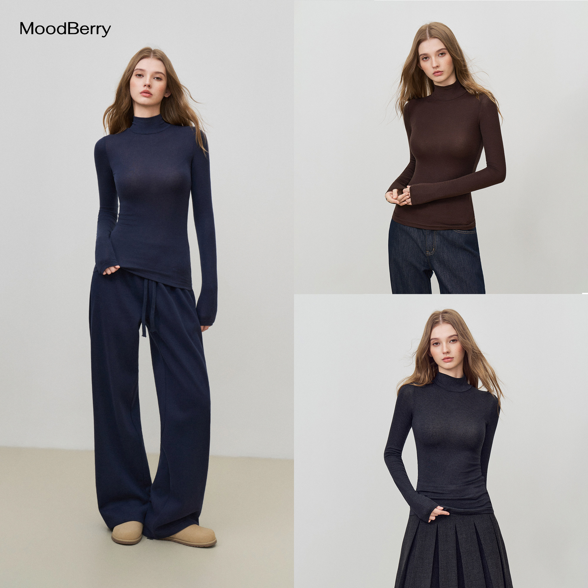 MoodBerry 纯色半高领天丝羊毛打底衫女秋冬修身百搭保暖长袖上衣