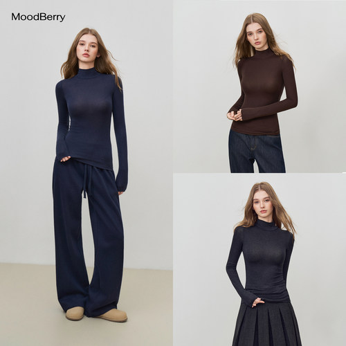 MoodBerry 纯色半高领天丝羊毛打底衫女秋冬修身百搭保暖长袖上衣