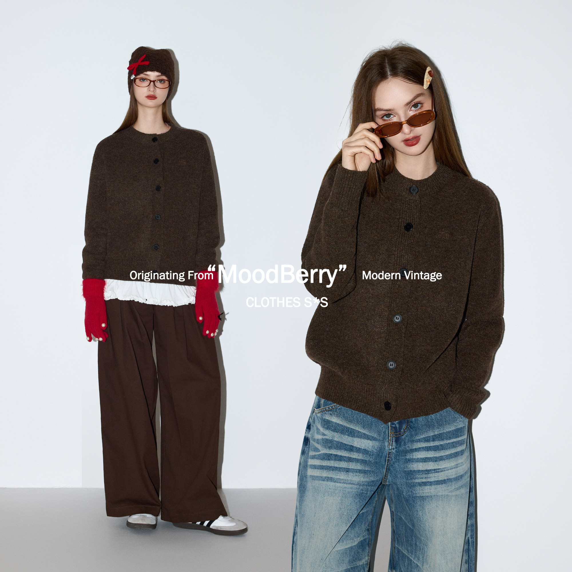 MoodBerry 美式复古羊毛混纺圆领针织开衫女春季简约休闲毛衣外套