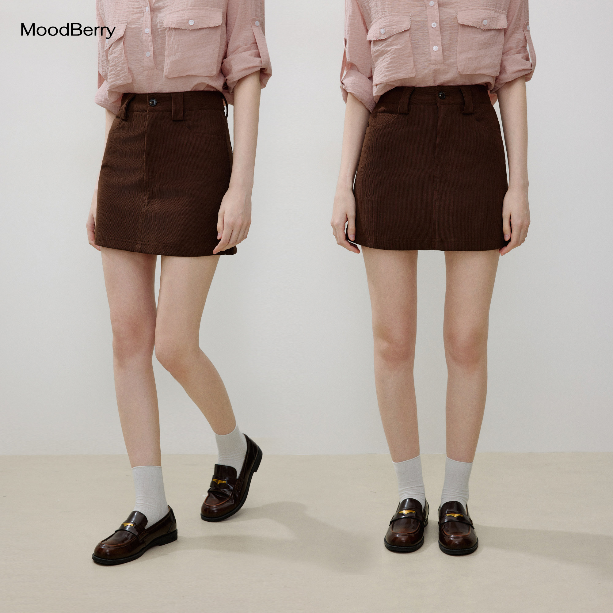 MoodBerry美式复古灯芯绒高腰短裙女秋季纯色基础款百搭显瘦A字裙
