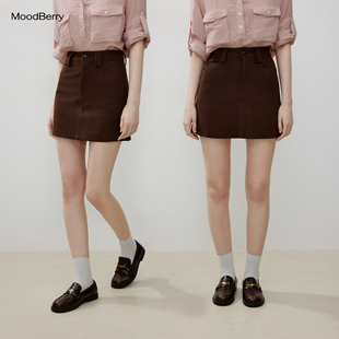 MoodBerry美式复古灯芯绒高腰短裙女秋季纯色基础款百搭显瘦A字裙