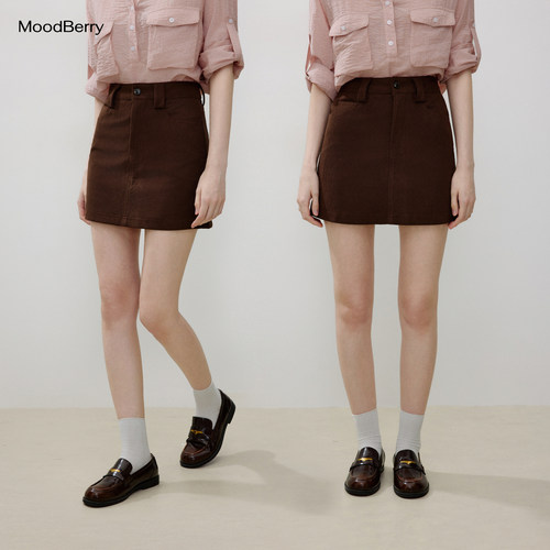 MoodBerry美式复古灯芯绒高腰短裙女秋季纯色基础款百搭显瘦A字裙