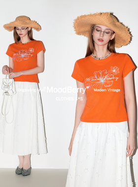 MoodBerry美式复古橘色花朵印花短袖T恤女夏季正肩修身款显瘦上衣