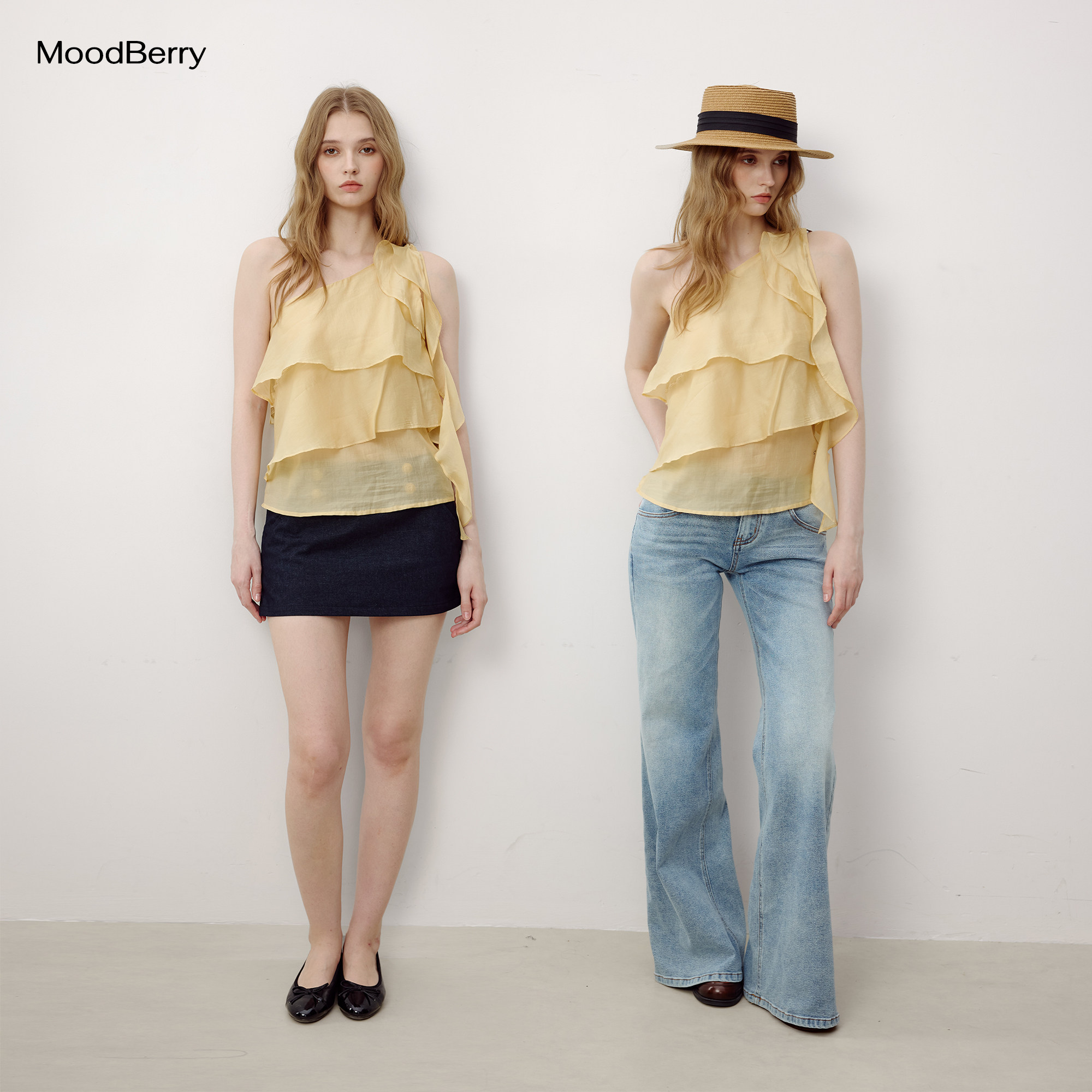 MoodBerry 美式设计感复古荷叶边单肩吊带女夏季修身显瘦短款上衣图片