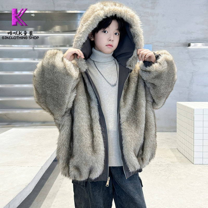 GUJIK 男童两面穿连帽加厚皮毛一体外套加厚仿貂毛帅气夹克