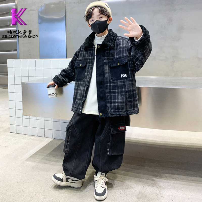 男孩冬季新款加绒牛仔格子两件套