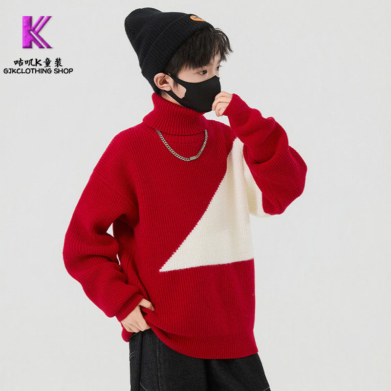 GUJIK男童红色高领毛衣针织衫2025新款秋冬季多巴胺穿搭年服上衣