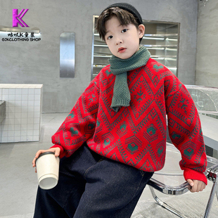 GUJIK男童喜气拜年服毛线衣2025新款秋冬中大童红色加厚菱形上衣