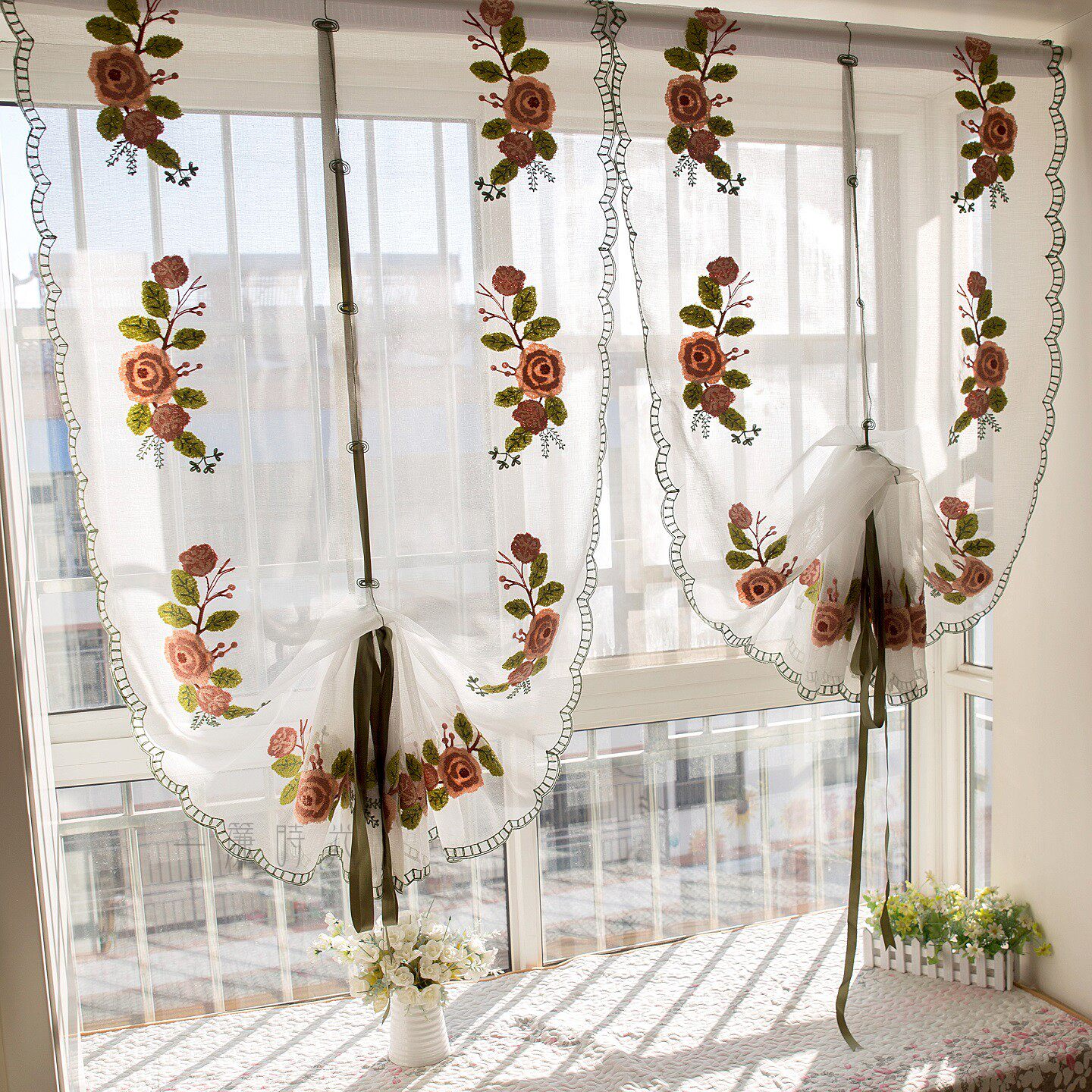 成品窗帘美式田园罗马帘升降提拉帘飘窗厨房短窗帘纱魔术贴免打孔