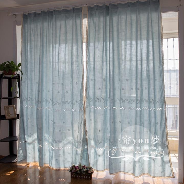 美式乡村简约蓝色布艺成品窗帘 外贸地中海客厅卧室阳台飘窗窗帘
