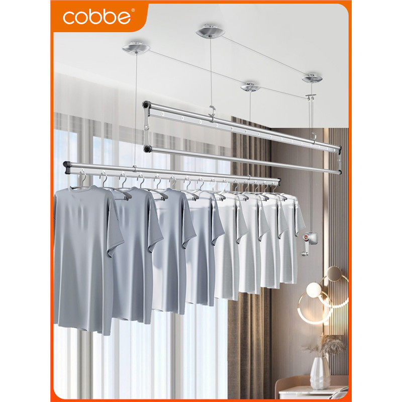 卡贝升降晾衣架双杆阳台晒衣服手摇三杆晾衣杆室外手动顶装晒衣架