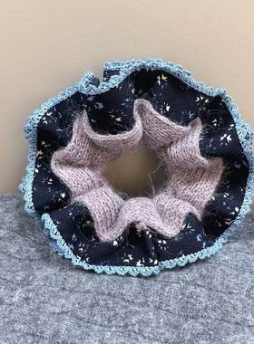 韩国森系盐系清新蓝色小碎花双层针织肥肠圈毛线荷叶花边发圈头绳