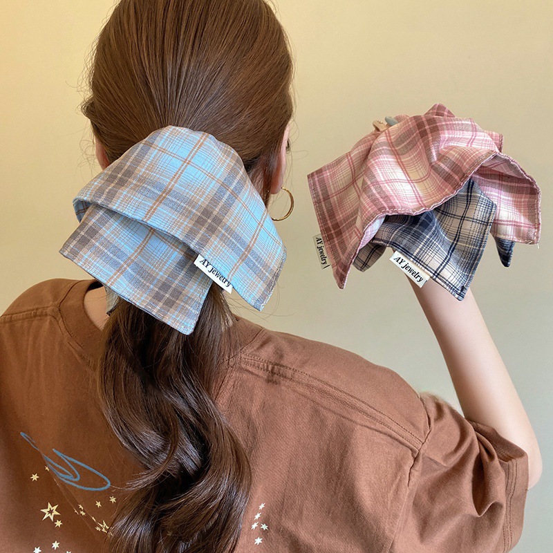 韩系格纹方巾布艺大肠发圈JK方形低马尾发绳橡皮筋复古气质扎头绳