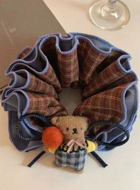 韩系可爱蓝色格子小熊四层大肠发圈女丸子头扎头发超大号头绳头饰