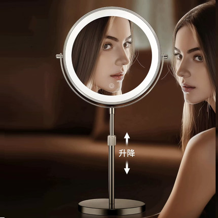 新款10英寸升降化妆镜桌面台式伸缩梳妆镜带灯高清充电led美容镜