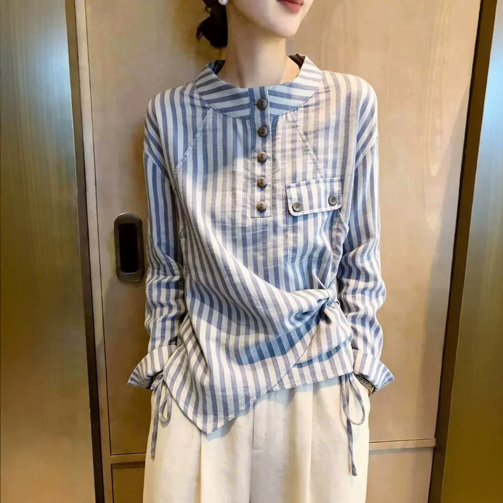 韩版通勤风蓝白条纹衬衫女夏季新衬衫