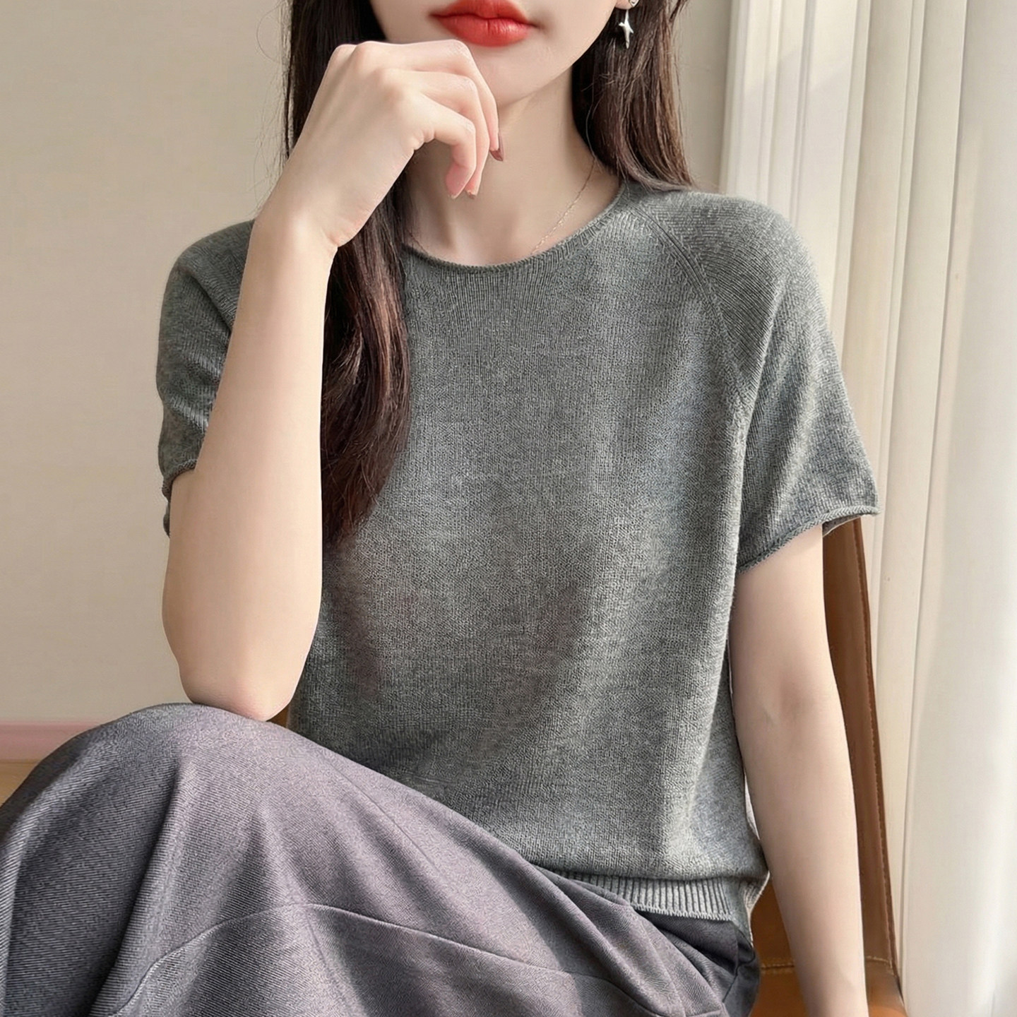 纯色插肩卷边短袖t恤女夏季薄款冰丝针织衫大码女装上衣