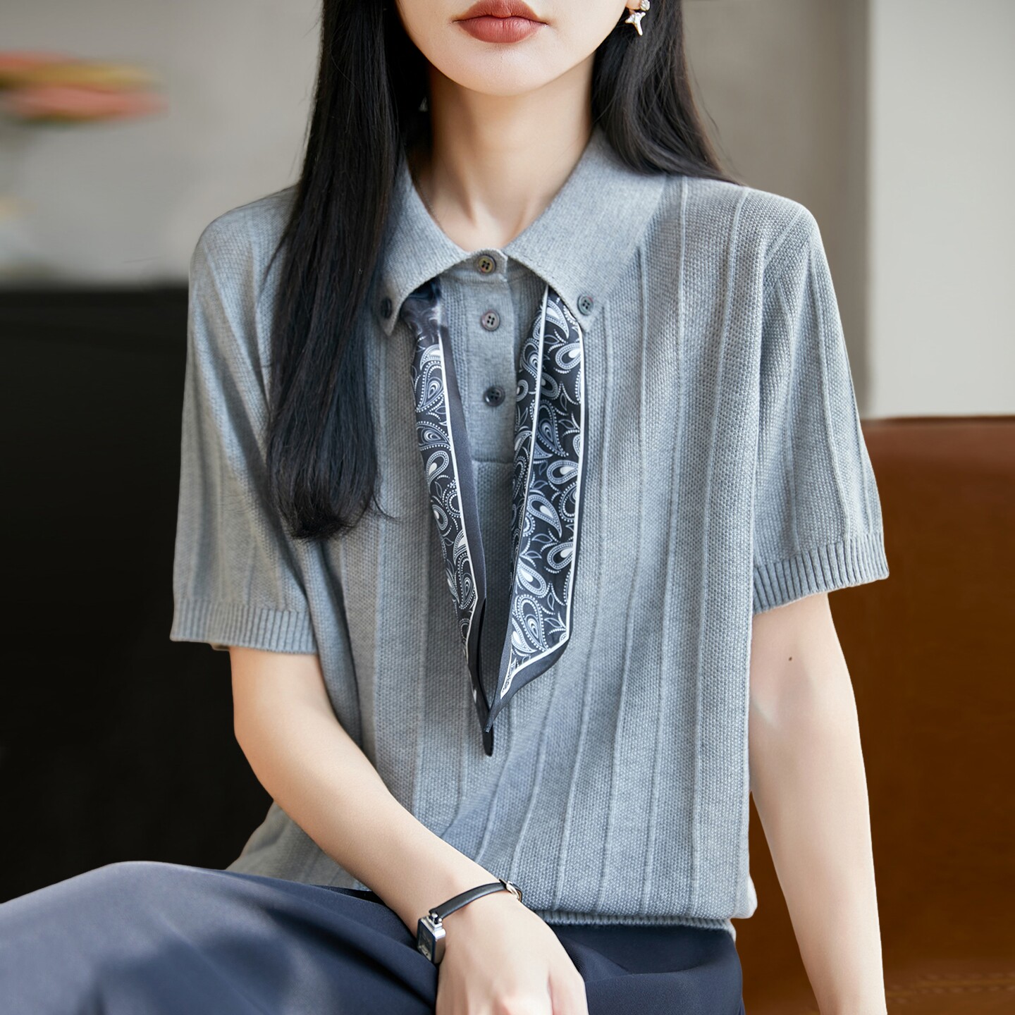拉夏贝尔 翻领领带针织短袖t恤女夏季薄款冰丝针织衫大码女装上衣