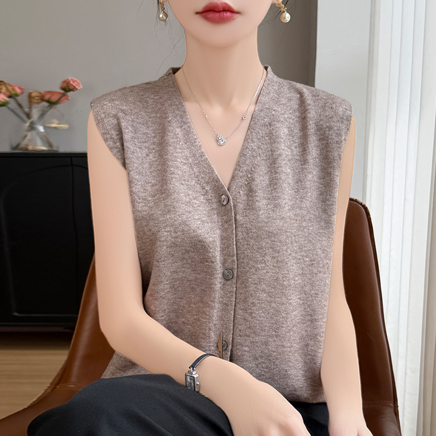 V领纽扣针织短袖t恤开衫女夏季薄款冰丝针织衫女装上衣