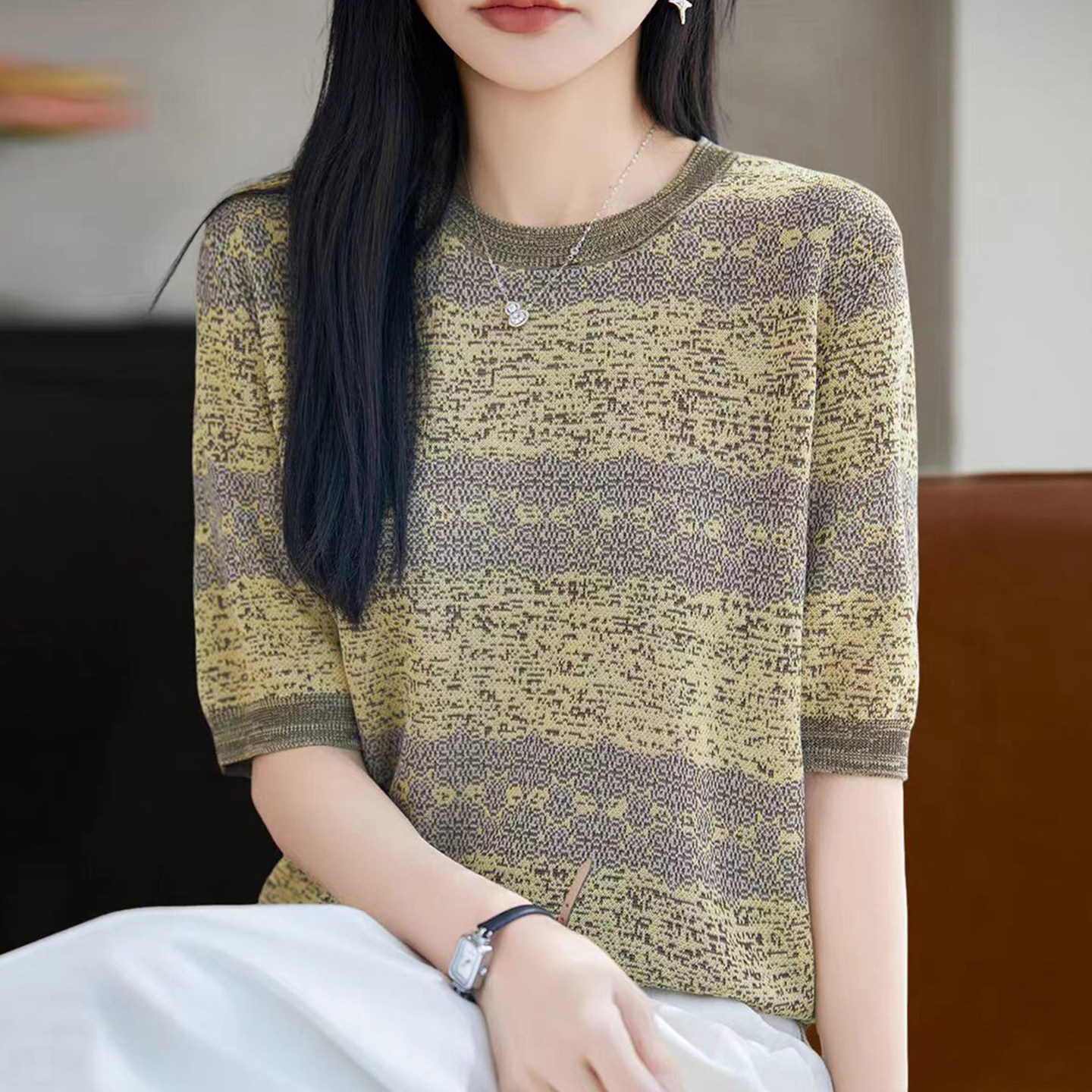 条纹彩纱针织短袖t恤女夏季薄款冰丝针织衫大码女装上衣