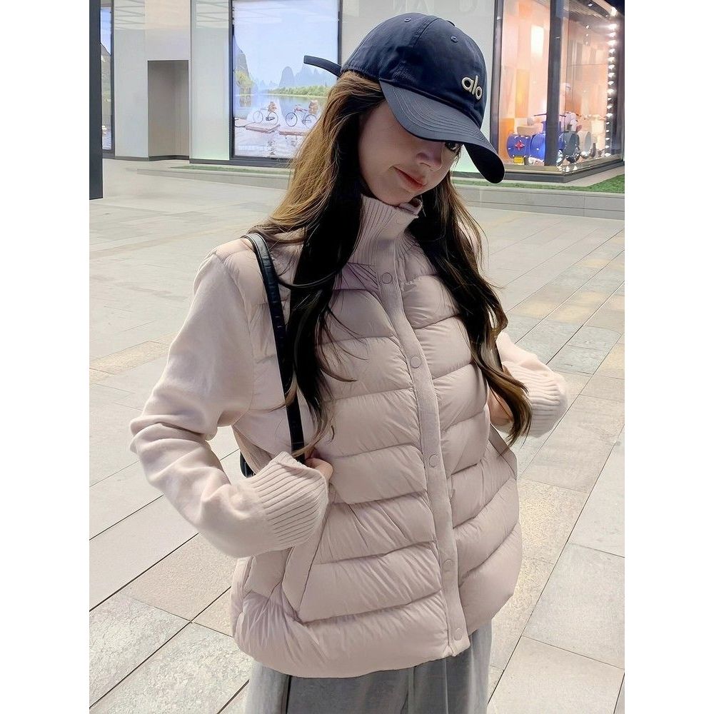 轻薄羽绒服女款冬季新款立领毛衣拼接轻便排骨90白鸭绒内胆外套潮