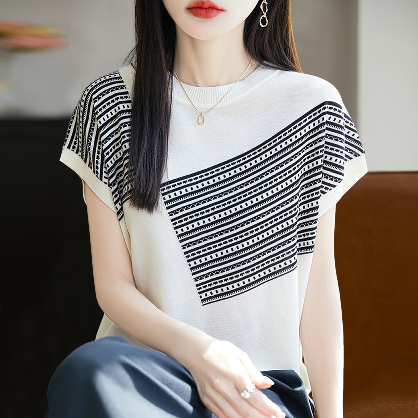2026新款时尚撞色条纹短袖t恤女夏季薄款冰丝针织衫大码女装上衣