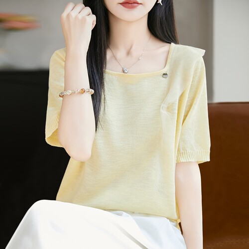 新款高级感方领短袖t恤女夏季薄款冰丝针织衫大码女装上衣