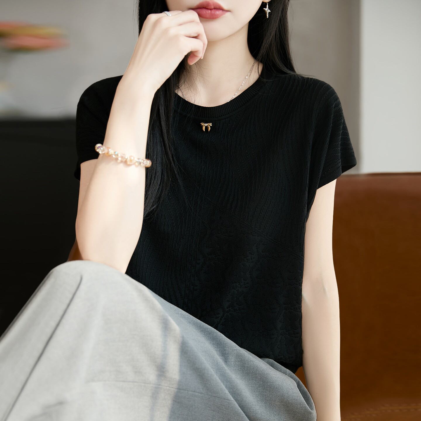 纯色时尚针织短袖t恤女夏季薄款冰丝针织衫大码女装上衣