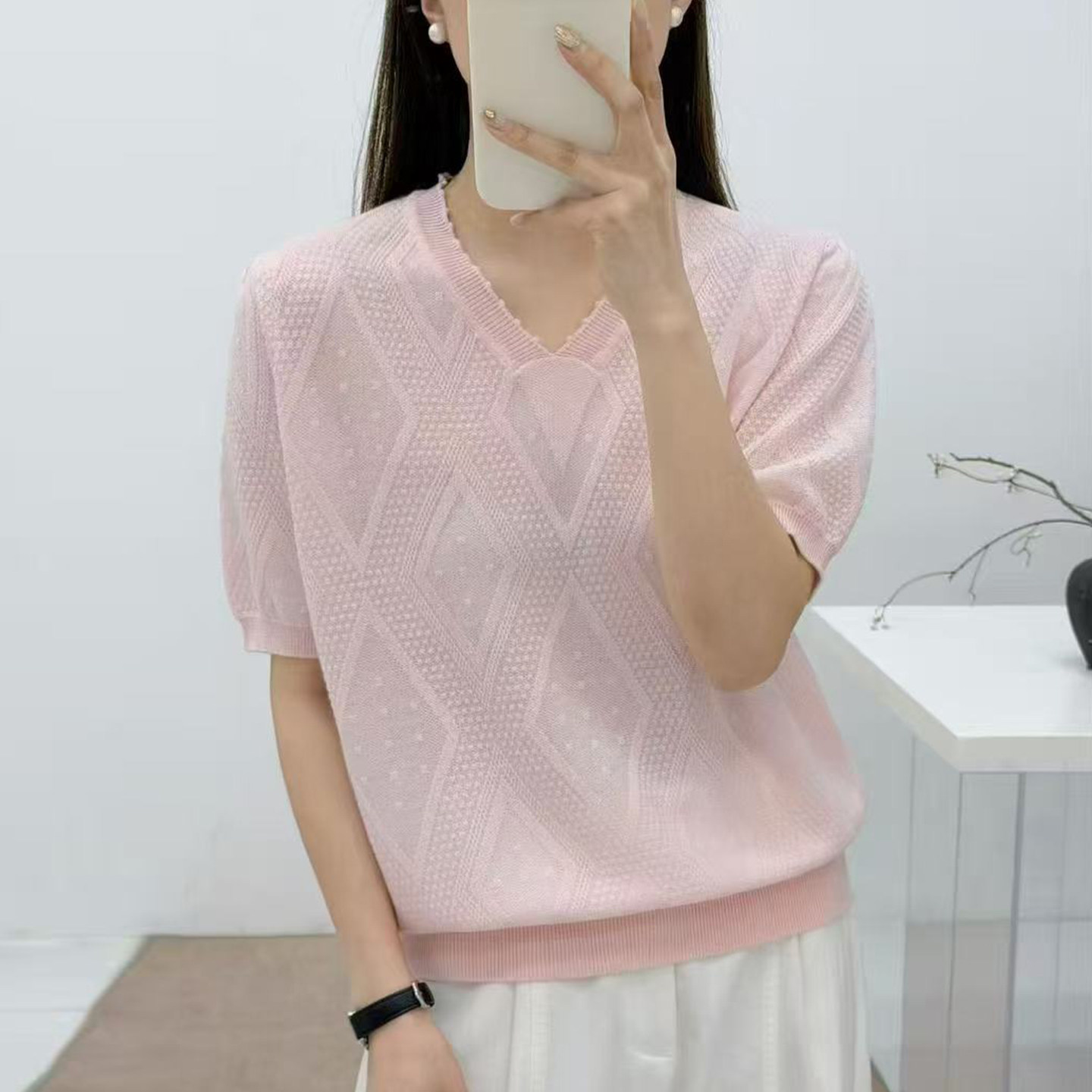 拉夏贝尔 V领纯色针织短袖t恤女夏季薄款冰丝针织衫大码女装上衣