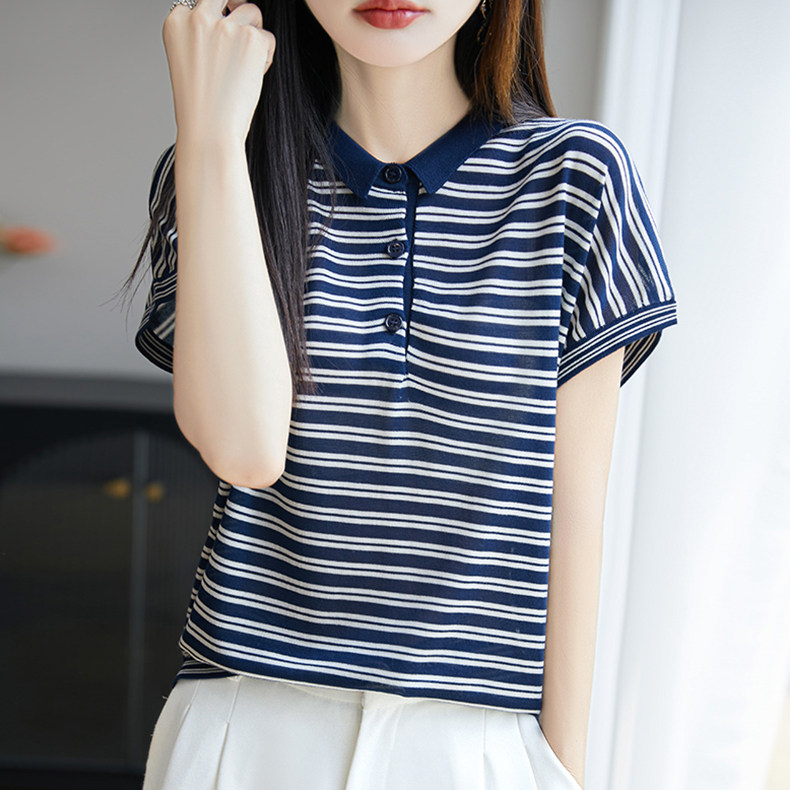 翻领条纹针织短袖t恤女夏季薄款冰丝针织衫大码女装上衣