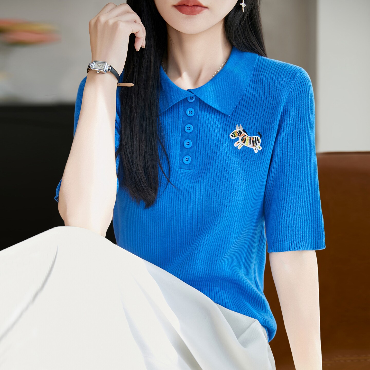 翻领刺绣针织短袖t恤女夏季薄款冰丝针织衫大码女装上衣