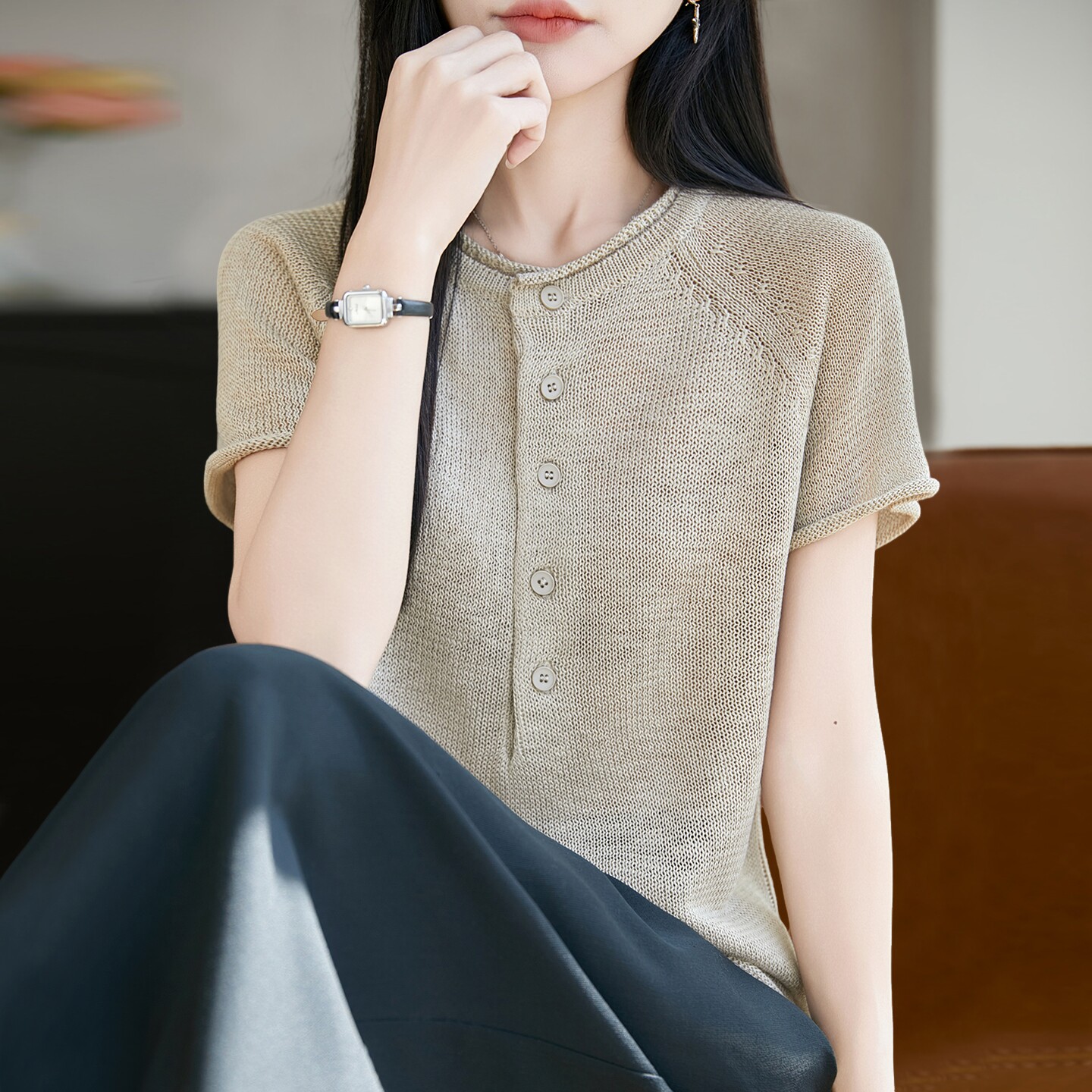 针织条纹圆领短袖t恤女夏季薄款冰丝针织衫大码女装上衣