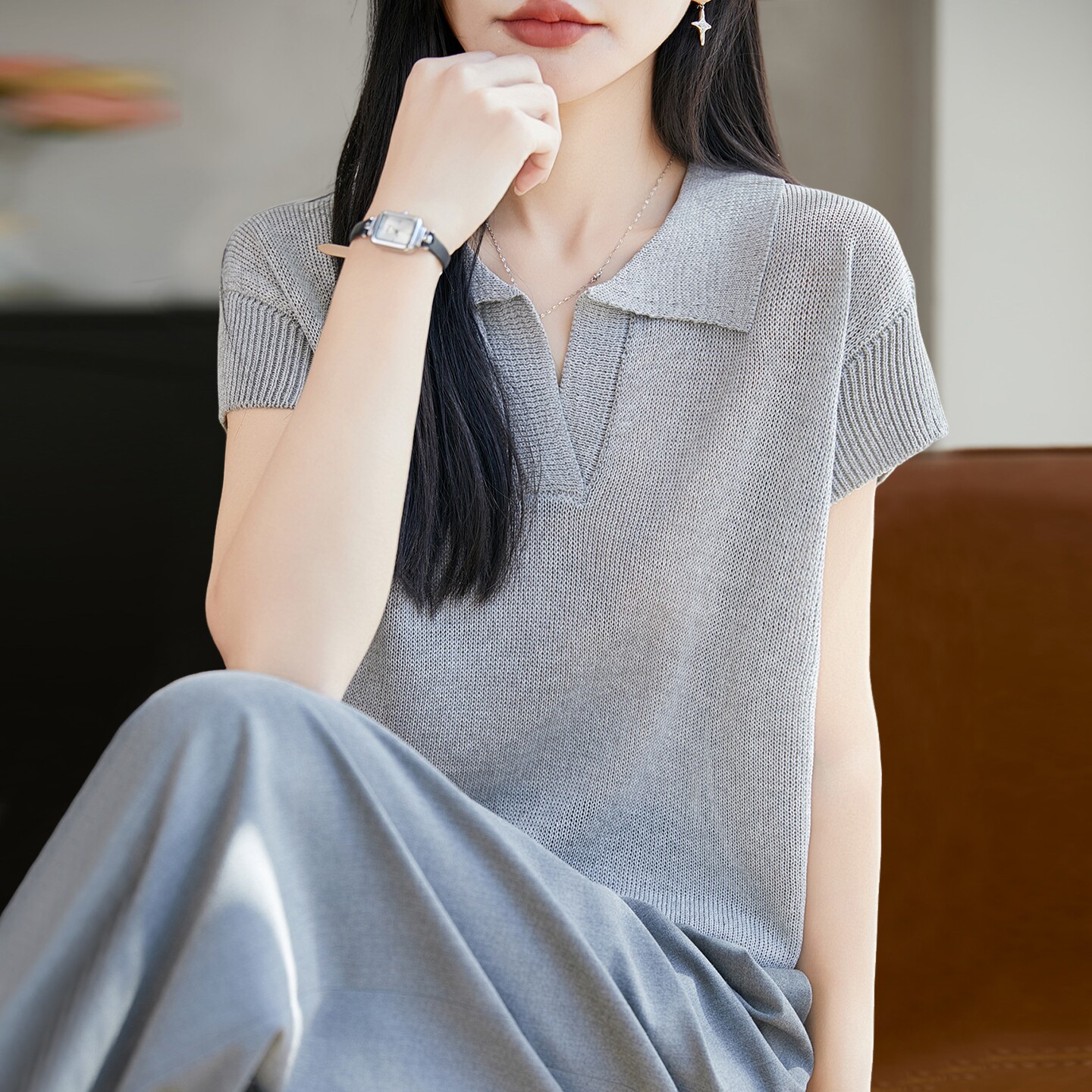 新款V领条纹针织短袖t恤女夏季薄款冰丝针织衫大码女装上衣
