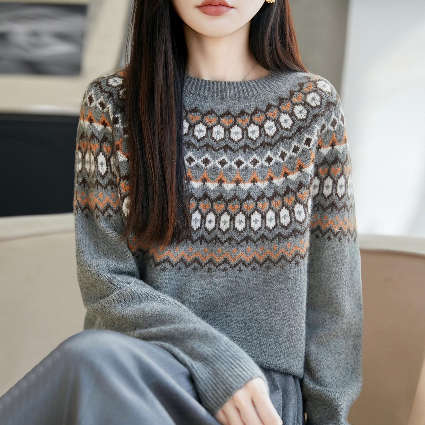 费尔岛提花大码针织打底衫女洋气中老年女装上衣秋冬毛衣