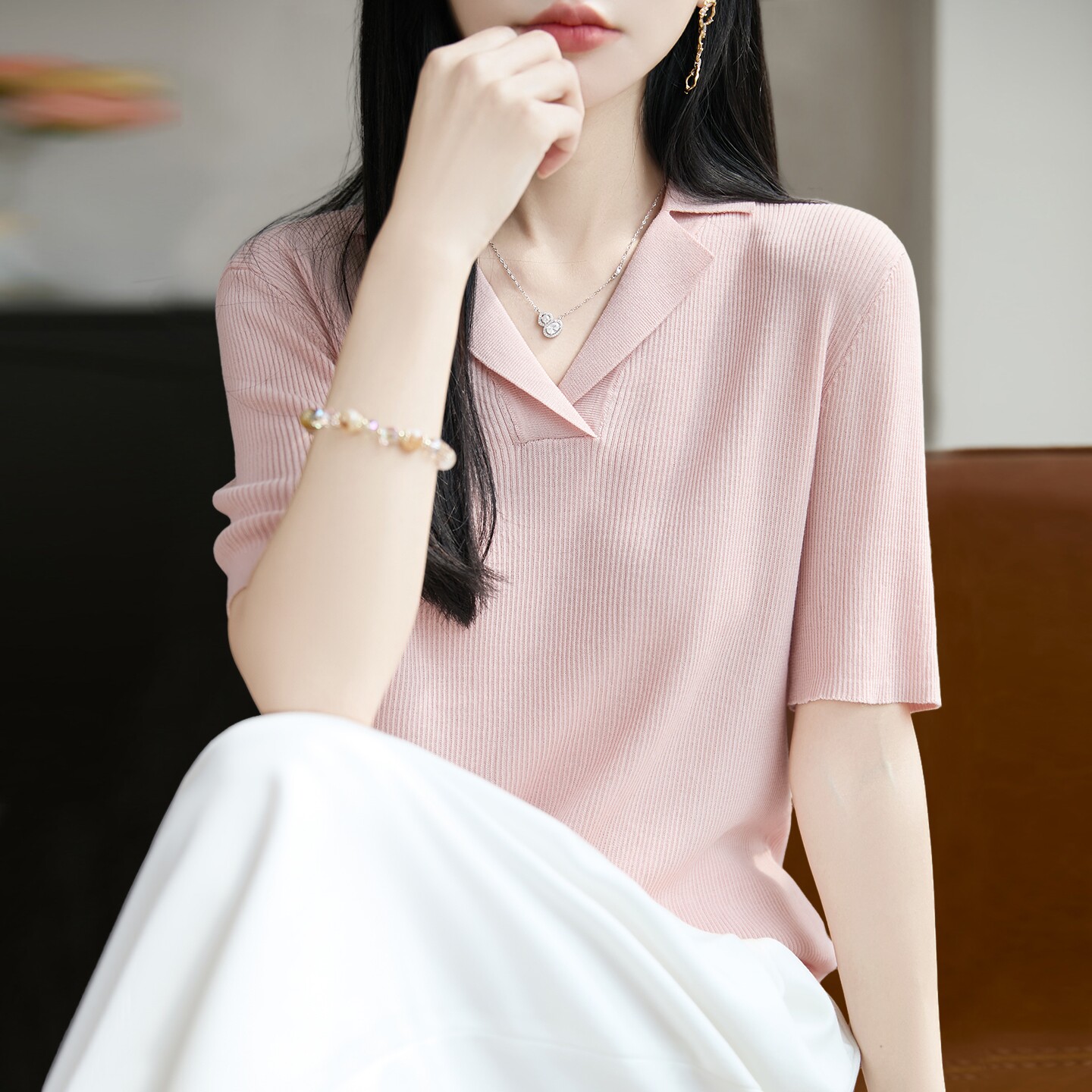 翻领纯色针织短袖t恤女夏季薄款冰丝针织衫大码女装上衣