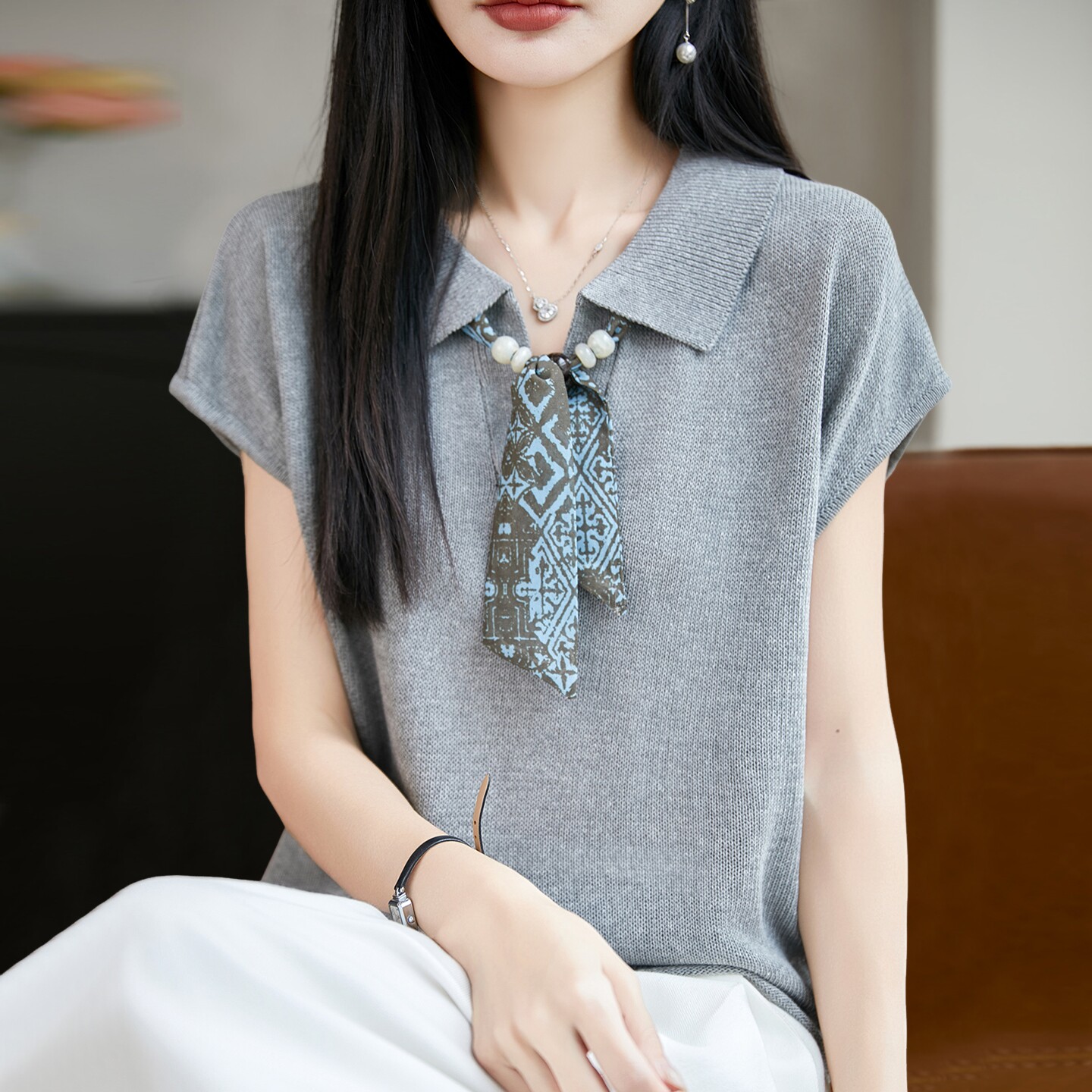 针织领结翻领短袖t恤女夏季薄款冰丝针织衫大码女装上衣