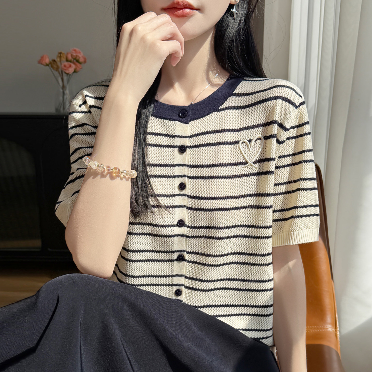 针织条纹短袖开衫t恤女夏季薄款冰丝针织衫大码女装上衣