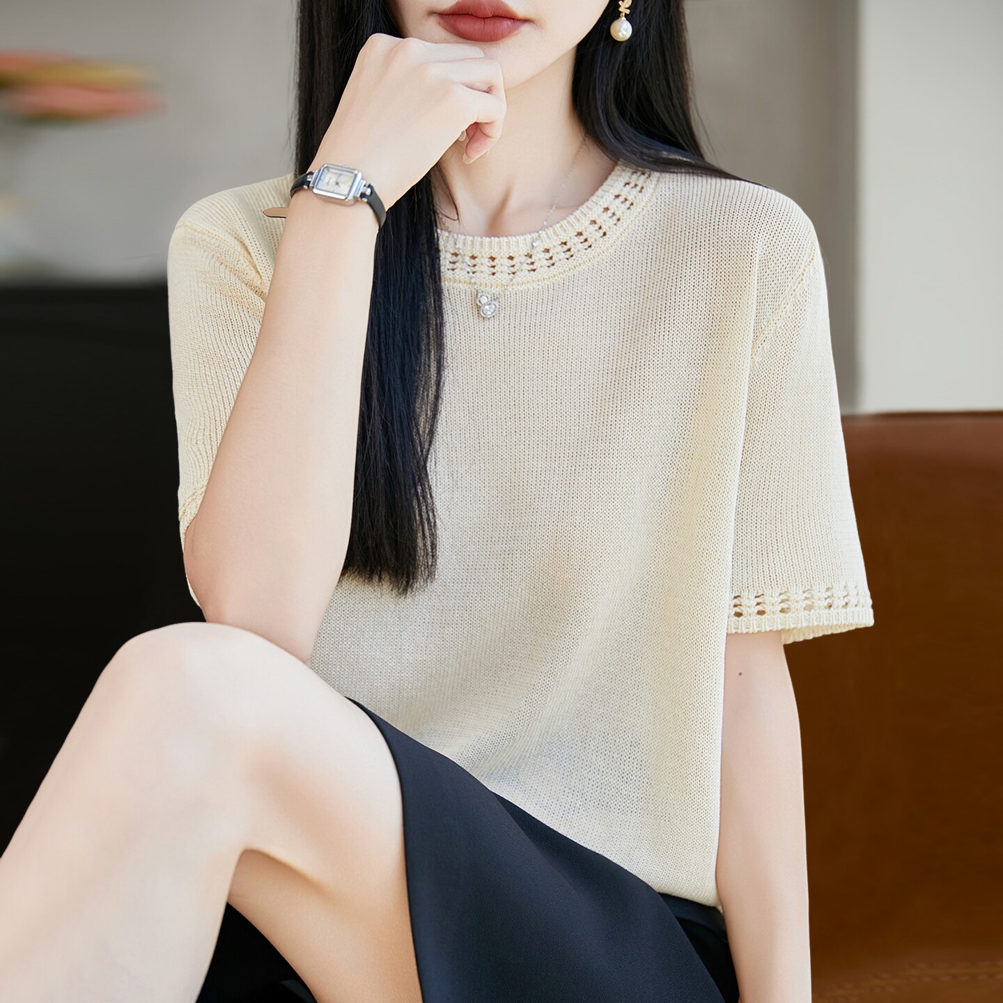 镂空纯色针织短袖t恤女夏季薄款冰丝针织衫大码女装上衣