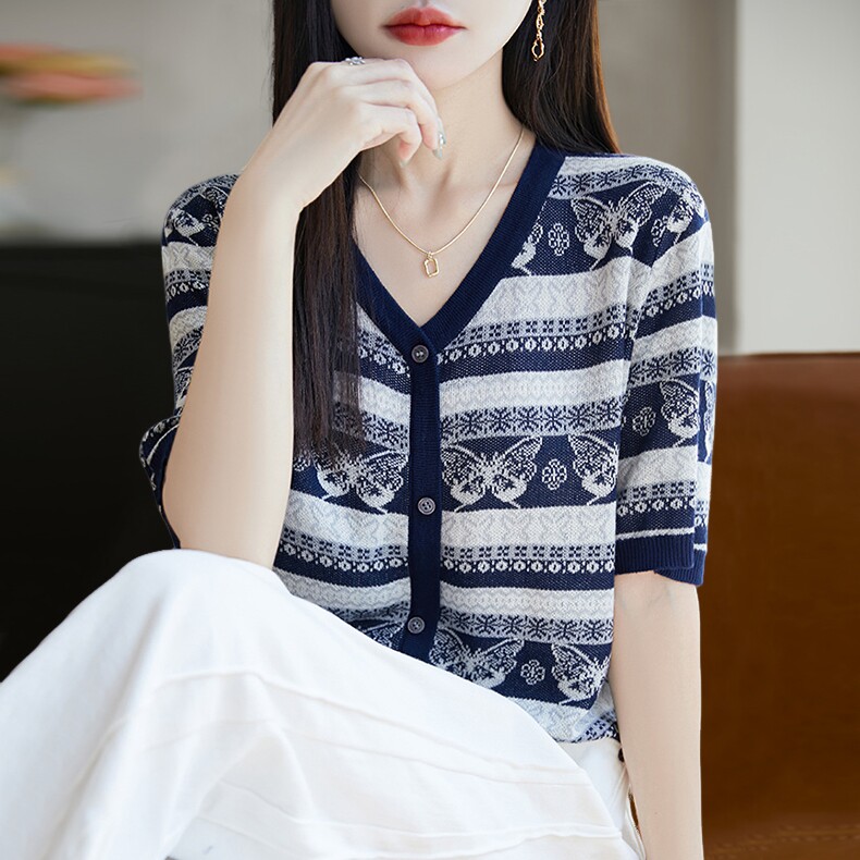 V领条纹针织短袖t恤女夏季薄款冰丝针织衫大码女装上衣